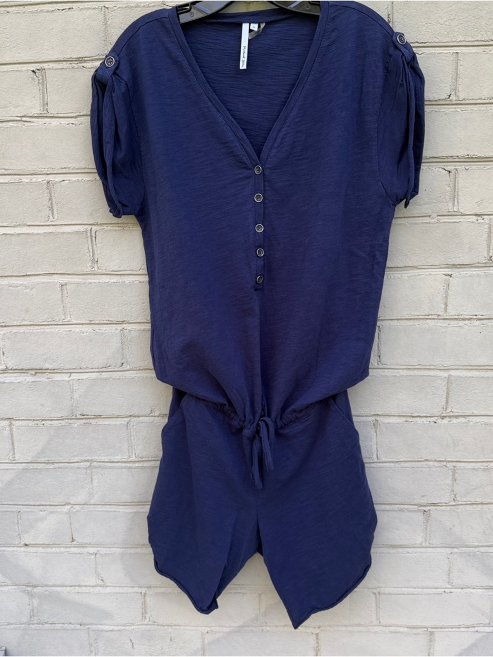 Michael Stars Size M Navy Button-Front Romper with Tie Waist & Pockets
